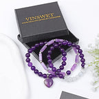 Vinswet Healing Crystal Beaded Bracelets for Women,Natural Amethyst Gemstones Bracelet,Anxiety Stress Relief Heart Charm Bracelet Handmade purple Jewelry Gifts for Women - color: Amethyst&6Moonstone
