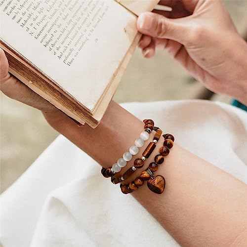 Vinswet Healing Crystal Beaded Bracelets for Women,Natural Amethyst Gemstones Bracelet,Anxiety Stress Relief Heart Charm Bracelet Handmade purple Jewelry Gifts for Women - color: Tiger eyes&Moonstone