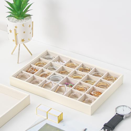Stackable Jewelry Organizer Tray For Drawers,White Leather Small Earring Storage Tray,Bracelet And Necklace Display Box,Jewelry Ring Display Case (Creamy White 24 Grids) - style: Creamy White 24 Grids