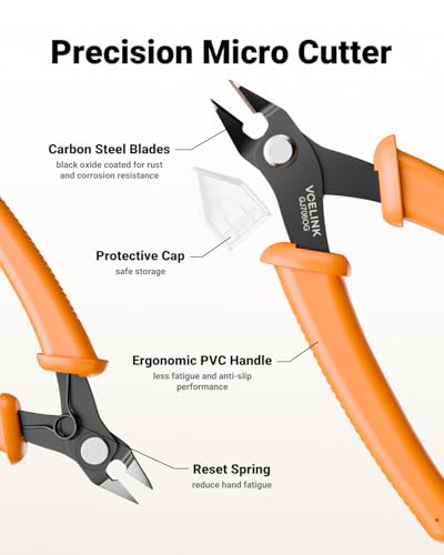 VCELINK Micro Precision Wire Cutter Spring Loaded, 5-Inch Flush Cutter Pliers, Nippers, Small Side Cutter for Electronics, Zip Ties, Craft and Jewelry, Orange - color: Orange