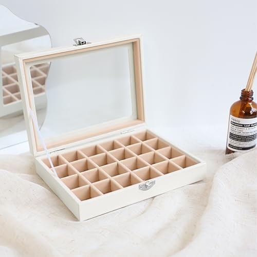 Wudygirl Jewelry Organizer Small Jewelry Box 24 Grid Earring Holder Organizer Velvet Jewelry Tray with Clear Lid Ring Holder Display Earring Organizer Storage for Women (Cream) - style: White Cream 24 Grid