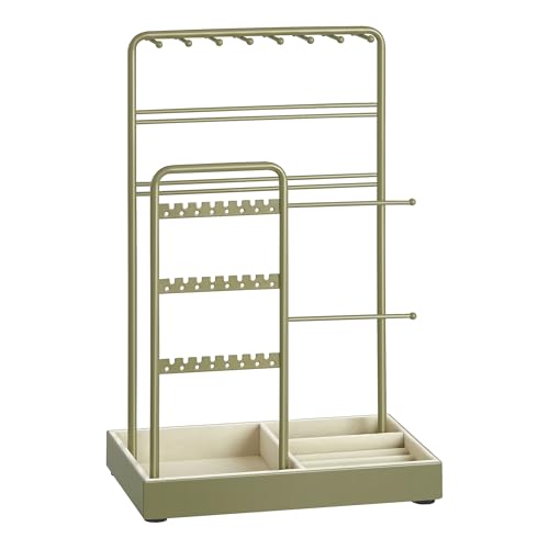 SONGMICS Necklace Holder, Jewelry Stand Holder Organizer, Jewelry Display with Metal Frame, Velvet Tray, Earring Bracelet Holder, for Gift Idea, 4.5 x 7.7 x 12.1 inch, Laurel Green UJJS021C02 - color: Laurel Green, size: 4.5"D x 7.7"W x 12.1"H