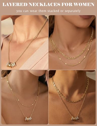 Layered Gold Necklaces for Women, 14K Gold Plated Dainty Cubic Zirconia Rondelle Initial Pendant Necklace, Chunky Stackable Mariner Chain Choker, Trendy Personalized Name Jewelry Gifts for Women - style: Letter M