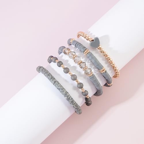 RISHEGAE Heishi Beaded Stretch Bracelets for Women Stackable Polymer Clay Beads Bracelets Friendship Boho Summer Beach Bracelet Jewelry Set - color: E-Gray Set