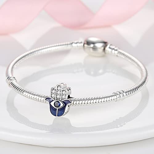 MULA 925 Sterling Silver Charms for Bracelets and Necklaces Lipstick and Bag Dangle Pendants Tower Camera Beads Jewelry Charms for Women - color: Blue Devil's Eye Palm
