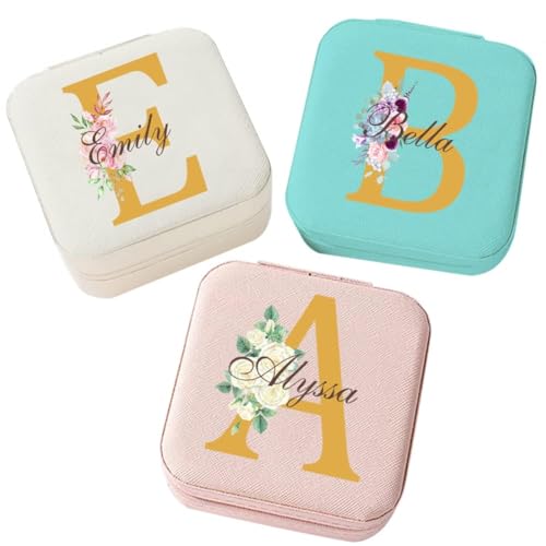 Corissy Personalized Jewelry Box for Women, Custom Travel Jewelry Case with Name and Birth Flower, Leather Jewelry Box for Rings, Earrings, Necklaces, Personalized Gifts for Women - color: Name+Initial+Floral 1