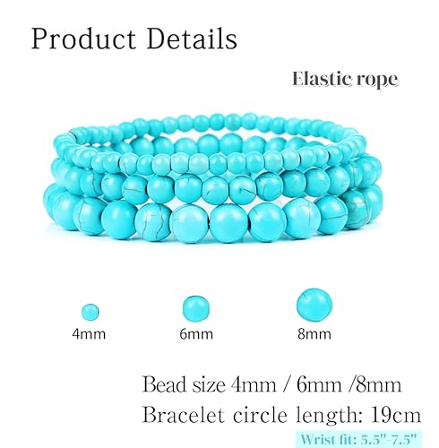 3Pcs Healing Crystal Turquoise Bracelets for Women Men 8mm 6mm 4mm Natural Stone Beaded Stretch Bracelet Jewelry Gifts for Women Girl - color: T1-Turquoise