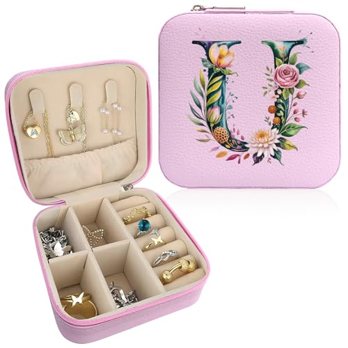 Monogram Jewelry Box Portable Print Jewelry Box, 1pcs Pink Compact Jewelry Box Travel Jewelry Case Travel Case Organizer Bag Storage Box Jewelry Holder For Necklace Earrings Rings Bracelet (Letter U) - color: Letter U