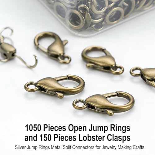 1050 Pieces Open Jump Rings and 150 Pieces Lobster Clasps, Bronze Jump Rings Metal Split Connectors for Jewelry Making Crafts (Bronze) - color: Bronze
