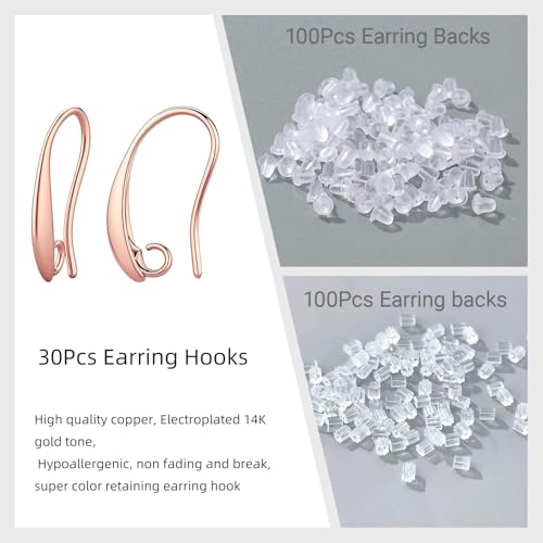 Rose Gold Plated Earring Hooks, 230PCS Earring Findings with Earring Backs for Jewelry Making Hypoallergenic Ear Wires Fish Hook for DIY Earrings Bulk Pack - color: Rose Gold-Big Earing Hooks