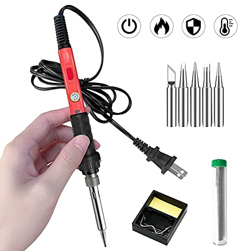 Soldering Kit, 60W Soldering Iron, 110V Welding Kit with Ceramic Heater, Portable Solder Irons with 5pcs Extra Tips, Stand, Solder Tube, Sponge, for Electronic Repair - color: 9-in-1 Basic