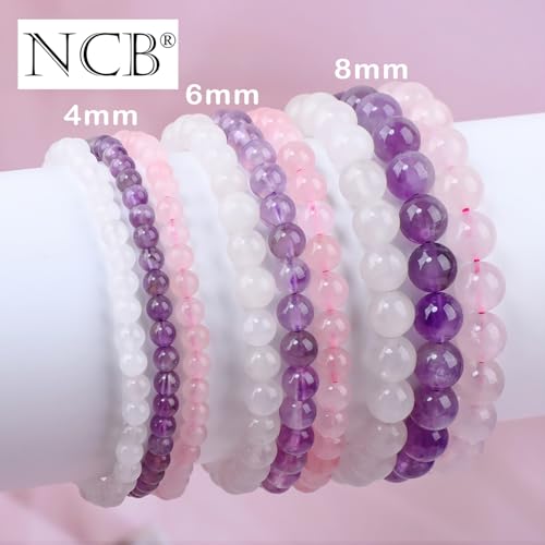 NCB 2.3-Piece 4mm Natural Crystal Gemstone Stretch Bracelets – Handmade Reiki Energy Healing Jewelry for Meditation,Yoga, Unisex - color: 3PCS ( Amethyst+Pink Quartz+White Jade ), size: 4mm