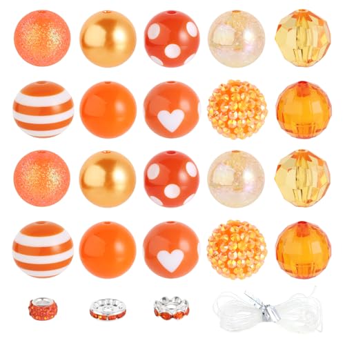 35 Pcs Chunky Bubblegum Beads 20mm Focal Pen Large Rhinestone Pearl Bead with Rhinestone Large Hole European Spacer Bead for DIY Beadable Pen Jewelry Making Keychain Craft Making(Orange) - color: Orange