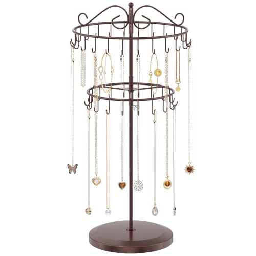 iDavosic.ly 2 Tier Rotating Necklace Holder Organizer with 42 Hooks, Adjustable Metal Bracelet Display Stand Rack, Extra Tall Keychain Spinning Tree Tower for Women, Espresso Brown - color: Satin Espresso