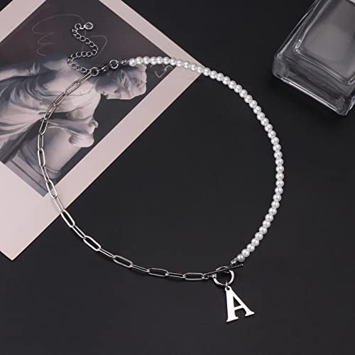 Yoosteel Pearl Initial Necklace for Women, Dainty Pearl Chain Choker Initial Necklaces for Women Toggle Clasp Paperclip Link Chain Necklace Jewelry Gifts - color: Silver, style: K