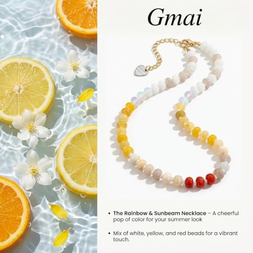 Gmai Layered Beaded Necklace for Women Colorful Trendy Snake Chain Circle Pendant Choker Gold Chain Adjustable Length Bohemian Rainbow Stackable Necklaces Jewelry Gift - style: Yellow white string beads