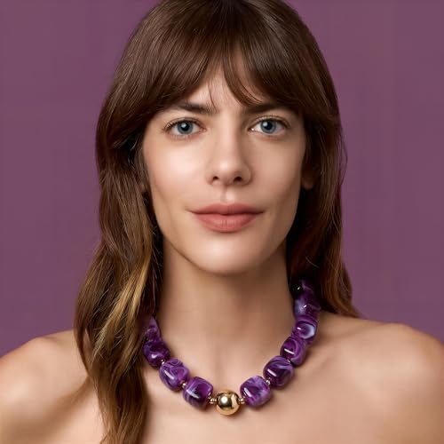 Chunky Necklaces for Women, Trendy Colorful Square Acrylic Resin Beads Statement Choker Necklace, Lightweight Boho Summer Beach Vacation Jewelry - color: Amethyst color