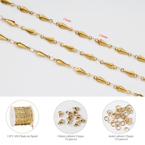 KYUNHOO 4 Meters Stainless Steel Chains for Jewelry Making Small Water Drips Link Chain Spool Gold Plated DIY Jewelry Bulk with Connectors for Women Men Make Handcrafts - color: Drop Gold