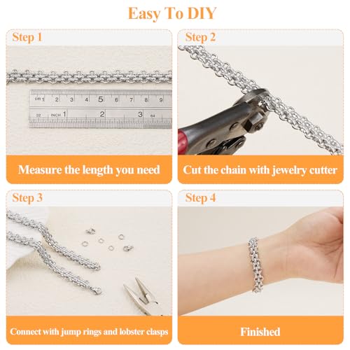 YOUBEIYEE 6.5 Feet Silver Stainless Steel Jewelry Making Chains Roll Embossed Oval Cable Chain Bulk with Lobster Clasps and Jump Rings - color: Embossed Silver