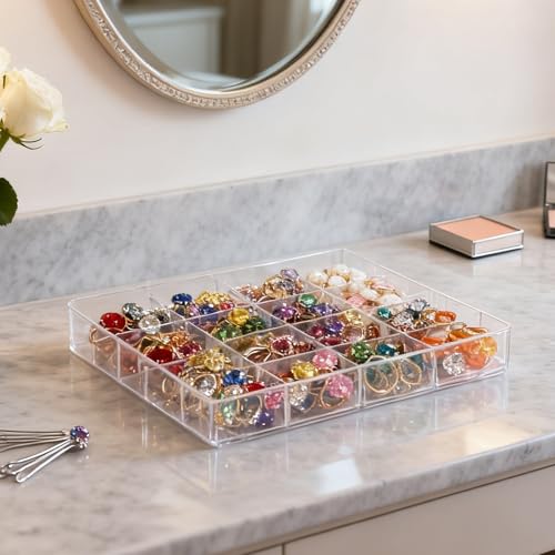 Rainmae 2 Pack 16 Grids Jewelry Organizer Box Clear Plastic Bead Craft Jewelry Organizer Display Tray Rock Collection Box Stackable Acrylic Storage Case for Rings Earrings Necklaces Rhinestone