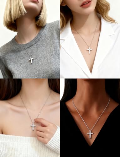 Stainless steel Cubic Zirconia Cross Necklace for Women Pendant with Chain 16"/18"+2" Perfect Jewelry Gifts for Birthday Christmas Mothers Day Wedding - size: 16+2 inches, style: Silver Cross