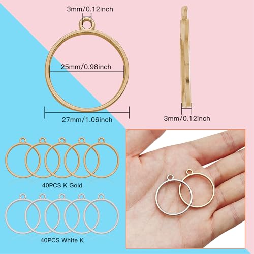 80pcs Open Bezels for Resin,Hollow Frame Pendants Open Back Frame Pendant Round Open Back Bezel Resin Casting Frame Pendant for Pressed Flower, Earrings, Bracelet, DIY Crafts(K Gold,White K) - color: K Gold,White K;Round
