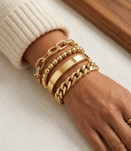 Gold Bracelets Set for Women Stack, Chunky Thick Bracelets Stack for Women Trendy, Simple Dainty Thin Gold Plated Cuff Stackable Bracelets With Beaded Cuban Paperclip Snake Rope Bangle Hand Chain Jewelry - style: Style 16-gold