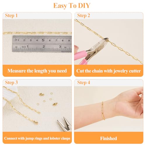 5 Meters Stainless Steel Chains Bulk on Spool Paperclip Link Chain for Jewelry Making with Jump Rings and Lobster Clasps - color: Paperclip Gold