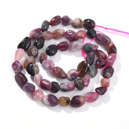 6-8mm Natural Mutilcolor Tourmaline Nuggets Oval Free Tumbled Pebble Semi Precious Gemstone Loose Stone Beads Approx 15.5 inch for DIY Jewelry Making - color: Mutil Tourmaline
