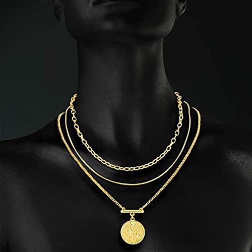LANE WOODS Gold Plated Necklaces for Women - Multilayer Coin Medallion Pendant Necklace Adjustable Layering Choker Necklaces Chain Set Jewelry - style: Coin Medallion-Gold