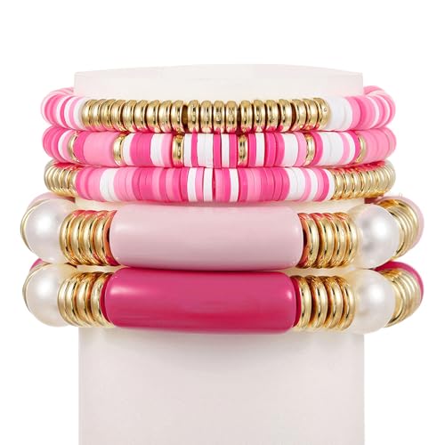COLORFUL BLING 5-12Pcs Bohemian Love Heart Bead Bracelets for Women Vinyl Disc Heishi Surfer Stackable Stretch Bracelet Summer Beach Boho Jewelry - color: 5pcs pink long bar
