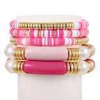 COLORFUL BLING 5-12Pcs Bohemian Love Heart Bead Bracelets for Women Vinyl Disc Heishi Surfer Stackable Stretch Bracelet Summer Beach Boho Jewelry - color: 5pcs pink long bar