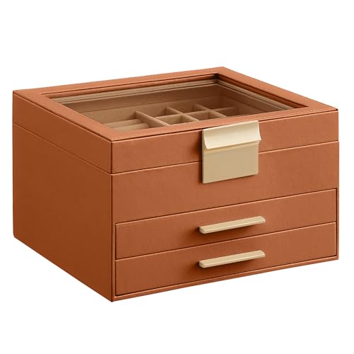 SONGMICS GISELLA Collection - Jewelry Box Organizer, 3-Layer Jewelry Storage with 2 Drawers, Shiny Metal Hardware, Glass Lid, Modern, 8 x 9.1 x 5.3 Inches, Caramel Brown and Gold Color UJBC239K01 - color: Caramel Brown + Gold, size: 3 Layer (8"d X 9.1"w)