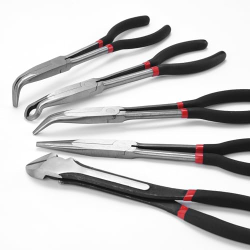 5-Piece 11" Extra Long Needle Nose Pliers Set with Insulated Comfort Grip, Straight Long Reach Plier, 45/90°Bent Nose Pliers,O-shaped nose plier,Diagonal Plier for Bending Shaping Trimming - size: 5Pcs-Straight/45/90