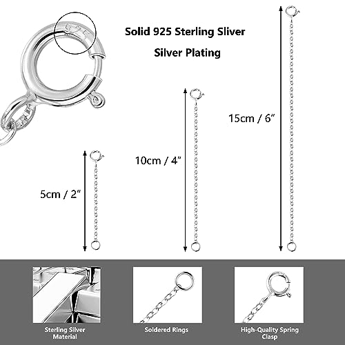 3 Pcs 925 Sterling Silver Necklace Extenders for Women Durable Strong Removable Necklace Bracelet Anklet Extension Jewelry Making Chains - color: 2 4 6 Inch, Silver