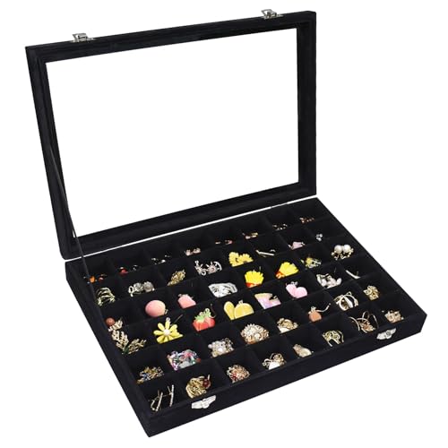 Vicoter Velvet Jewelry Tray 48 Compartments Jewelry Display Organizer with Transparent Cover Rings, Earrings, Necklaces, Pendants Storage Box for Girls, Wives, Mothers, Women - color: Black, size: 48 Grid