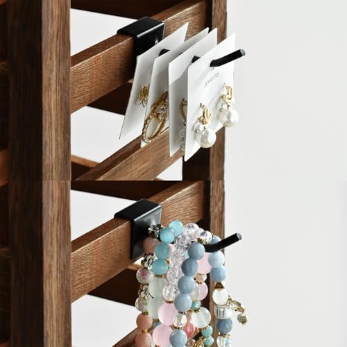 Ikee Design 5 Tiers Free Assemble Wooden Jewelry Display Rack with 20 Removable Metal Hooks,Earring Card Display Stand,Jewelry Organizer,Bracelet Organizer,Keychain Display Stand,Brown Color - color: 2) Brown