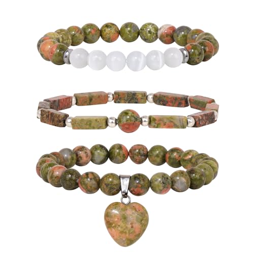 Vinswet Healing Crystal Beaded Bracelets for Women,Natural Amethyst Gemstones Bracelet,Anxiety Stress Relief Heart Charm Bracelet Handmade purple Jewelry Gifts for Women - color: Unkaite&Moonstone