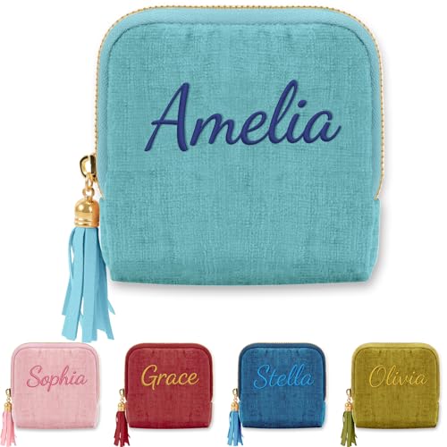 Mothers Day Gifts Personalized Travel Jewelry Case with Embroidered Name,Custom Small Jewelry Pouch Velvet Jewelry Organizer Storage Bag for Bracelet Rings Earring - color: Light Blue