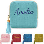 Mothers Day Gifts Personalized Travel Jewelry Case with Embroidered Name,Custom Small Jewelry Pouch Velvet Jewelry Organizer Storage Bag for Bracelet Rings Earring - color: Light Blue
