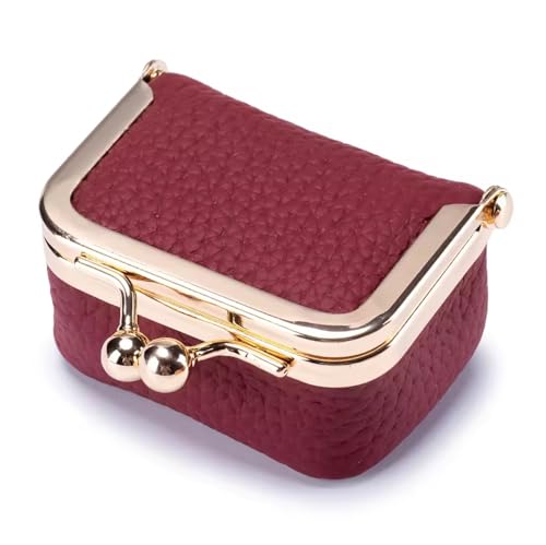 Genuine Leather Mini Jewelry Box for Women, Square Coin Purse with Kiss Lock, Jewelry Organizer Travel Case (Medium, Burgundy) - color: 102. Burgundy, size: Medium