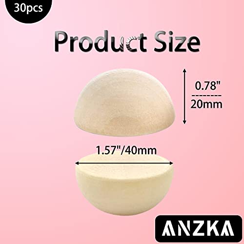 ANZKA 30pcs Big Split Wood Balls, 40mm Round Unfinished Half Wooden Beads Bulk, 1-1/2 inch Diameters Wooden Hemisphere for Craft Paint - size: 40mm