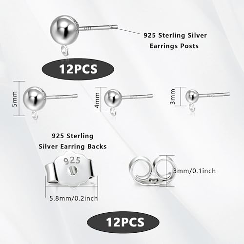 925 Sterling Silver Earrings Post, 12Pcs 3/4/5mm Ball Ear Studs with Loop Hypoallergenic Sterling Silver Findings Supplies Studs Posts for Dangle Earrings Butterfly Backs Replace Jewelry Making Set - color: Ball_Silver