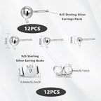 925 Sterling Silver Earrings Post, 12Pcs 3/4/5mm Ball Ear Studs with Loop Hypoallergenic Sterling Silver Findings Supplies Studs Posts for Dangle Earrings Butterfly Backs Replace Jewelry Making Set - color: Ball_Silver