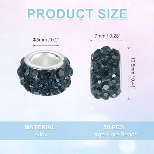 uxcell 50Pcs European Large Hole Beads, Rhinestone Craft Bead Crystal Charm Spacer Beads for Pens Bracelet Making Necklace DIY Craft, Navy Blue - color: Navy Blue