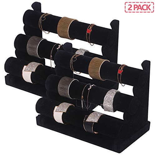 DIOMMELL 2 Pack Velvet Bracelet Holder with 3 Tier Rack, Jewelry Display Stand Watch Bangle Bar Necklace Storage Organizer, Black