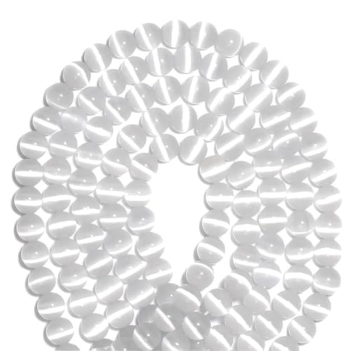 100pcs White Cat Eye Beads 8mm Round Semi Precious Stone Hole Size 1mm DIY Charm Spacer Beading Smooth Gemstone Loose Beads for Jewelry Making Bracelets Necklaces Earrings Crafting - color: White