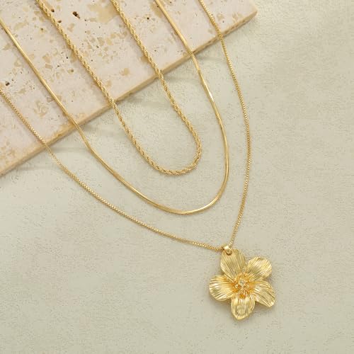 Gold Layered Necklaces for Women, 14K Gold Plated Dainty Gold Chain Choker Necklace Stack, Herringbone Gold Necklaces Set - color: gold-3-Flower