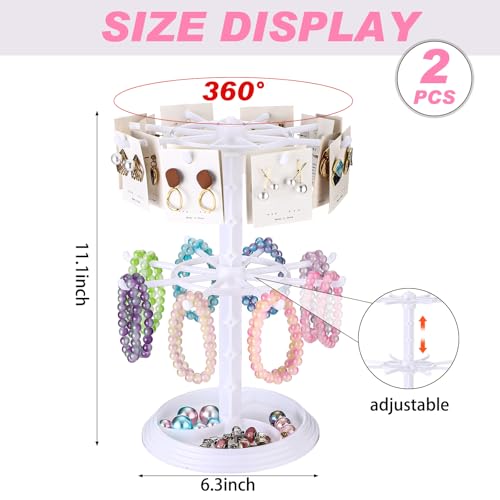 2 Pack Keychain Display Stand Rotating Jewelry 2 Tier Necklace Holder Plastic Spinning Bracelet Hanging Organizer Rotating Rack Earring Bracelet Stands for Vendors Malls Counter Dressing Table - color: White