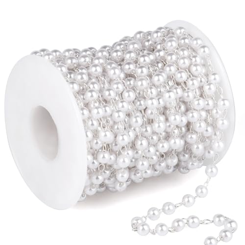 33 Feet Silver Pearl Beads Chains Roll, 6mm Faux Pearls Beaded Silver Plated Brass Cable Link Chain Spool Bulk for Jewelry Making DIY Craft - color: 6.0MM Silver Color